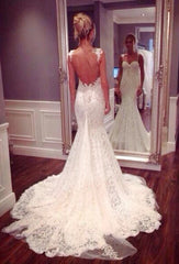 Sexy Lace Spaghetti Strap Mermaid Wedding Dress Latest Court Train Open Back Bridal Gowns