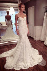 Sexy Lace Spaghetti Strap Mermaid Wedding Dress Latest Court Train Open Back Bridal Gowns
