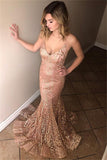 Sexy Lace-up Spaghetti-Strap Appliques Prom Gown | Sleeveless Mermaid Sweep Train Prom Dress