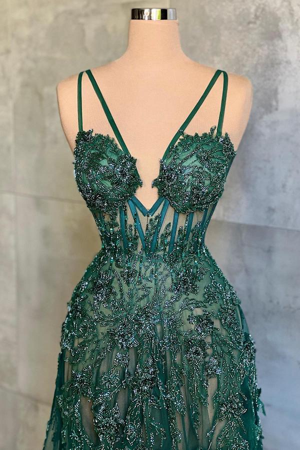 Sexy Long A-line V-Neck Spaghetti Straps Green Prom Dress With Lace