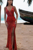Sexy Long Glitter Red Sleeveless Mermaid Evening Dress With Slit
