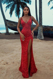 Sexy Long Glitter Red Sleeveless Mermaid Evening Dress With Slit