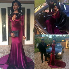 Sexy Long Sleeve Backless Mermaid Prom Party Dress Velvet Keyhole Neckline Evening Gowns BA1329