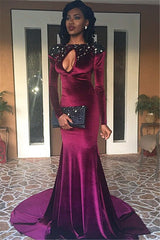Sexy Long Sleeve Backless Mermaid Prom Party Dress Velvet Keyhole Neckline Evening Gowns BA1329