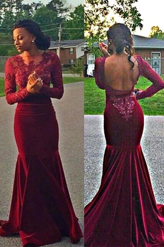 Sexy Long Sleeve Open Back Evening Gowns Latest Mermaid Lace Party Dresses