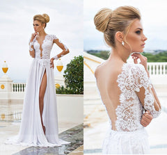 Sexy Long Sleeve V-Neck Wedding Dresses A-Line Split-front Open Back Bridal Gowns