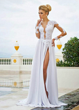 Sexy Long Sleeve V-Neck Wedding Dresses A-Line Split-front Open Back Bridal Gowns