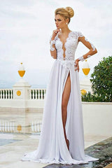 Sexy Long Sleeve V-Neck Wedding Dresses A-Line Split-front Open Back Bridal Gowns