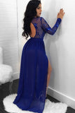 Sexy Long Sleeves Appliques Prom Dresses | Open Back Side Slit Sequined Evening Dress SK0181