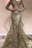 Sexy Long-sleeves Floor-Length Prom Dresses | Appliques V-neck Tulle Sequins Mermaid Dresses