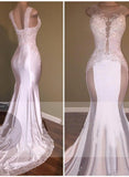 Sexy Mermaid Appliques Sheer Evening Gown White Beading Lace Glossy Prom Dresses