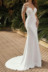 Sexy Mermaid Beach Wedding Dress Square Neck Lace Satin Tulle Half Sleeves Bridal Gowns with Sweep Train