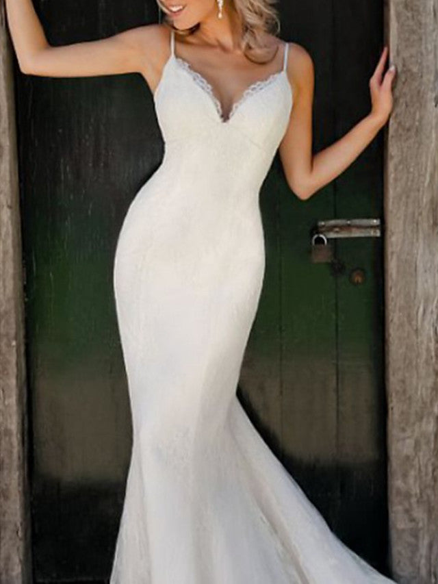 Sexy Mermaid Beach Wedding Dress V-Neck Spaghetti Strap Lace Sleeveless Simple Bridal Gowns Sweep Train
