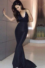 Sexy Mermaid Black Prom Dresses Straps Open Back Popular Evening Gowns CE073