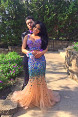 Sexy Mermaid Crystal Evening Gowns Spaghetti Strap Two Piece Prom Dresses AE0110