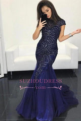 Sexy Mermaid Dark Navy Prom Dresses | Elegant Crystal Cap-Sleeves Evening Dresses