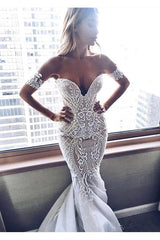 Sexy Mermaid Embroider Off-the-shoulder Zipper Wedding Dress