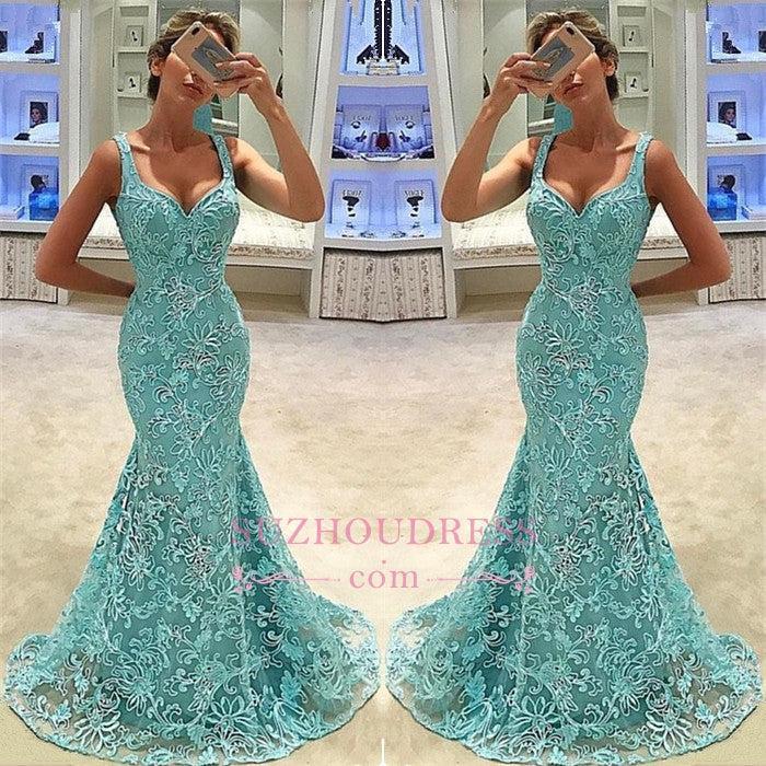 Sexy Mermaid Lace Formal Dresses | Appliques Sweep Train Sleeveless Evening Gown Long