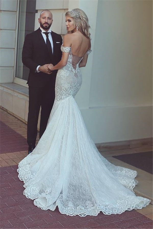 Sexy Mermaid Lace Off-the-Shoulder Beach Wedding Dresses Open Back Bridal Gowns BA7275