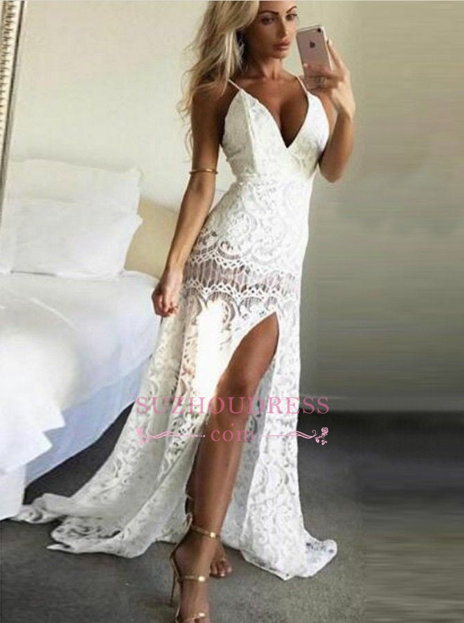 Sexy Mermaid Lace Prom Dresses | White Side-Slit Evening Dresses