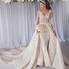 Sexy Mermaid Lace Wedding Dress Long Sleeves Appliques Bridal Gowns with Overskirt Online