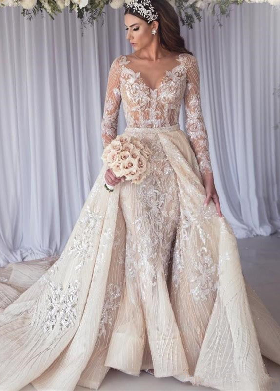 lace wedding dresses long sleeves online store Sexy Mermaid Lace Wedding Dress Long Sleeves Appliques Bridal Gowns with Overskirt Online