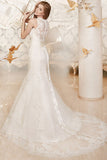 Sexy Mermaid Lace Wedding Dress Long Train Scalloped-edge Bridal Gowns with Button VK052