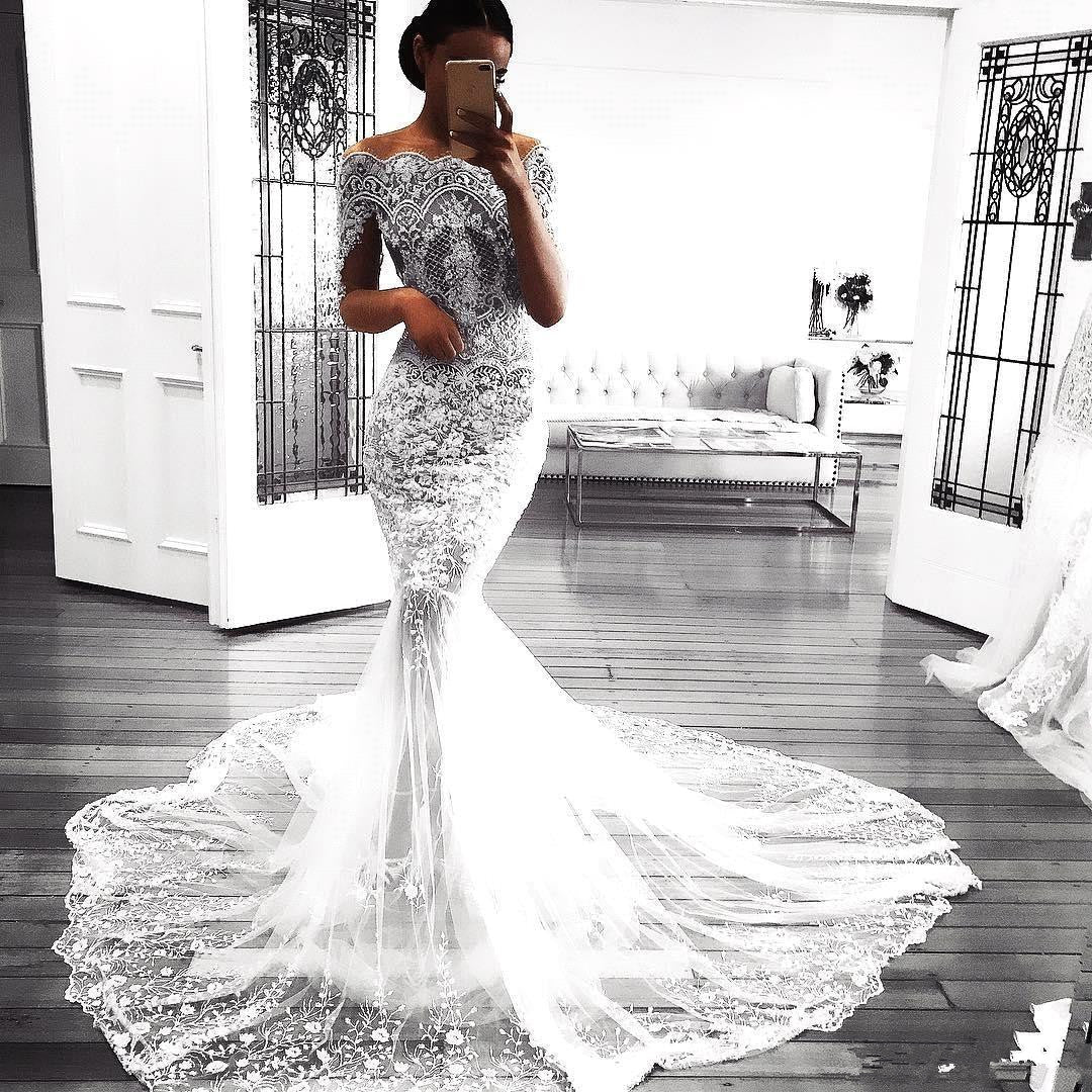 Sexy Mermaid Long Sleeve Lace Wedding Dress Sexy | Flowers See Through Tulle Bride Dress | Suzhoufashion Sexy Mermaid Long Sleeve Lace Wedding Dress Sexy | Flowers See Through Tulle Bride Dress | Suzhoufashion