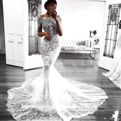 Sexy Mermaid Long Sleeve Lace Beach Wedding Dress Sexy | Flowers See Through Tulle Bride Dress
