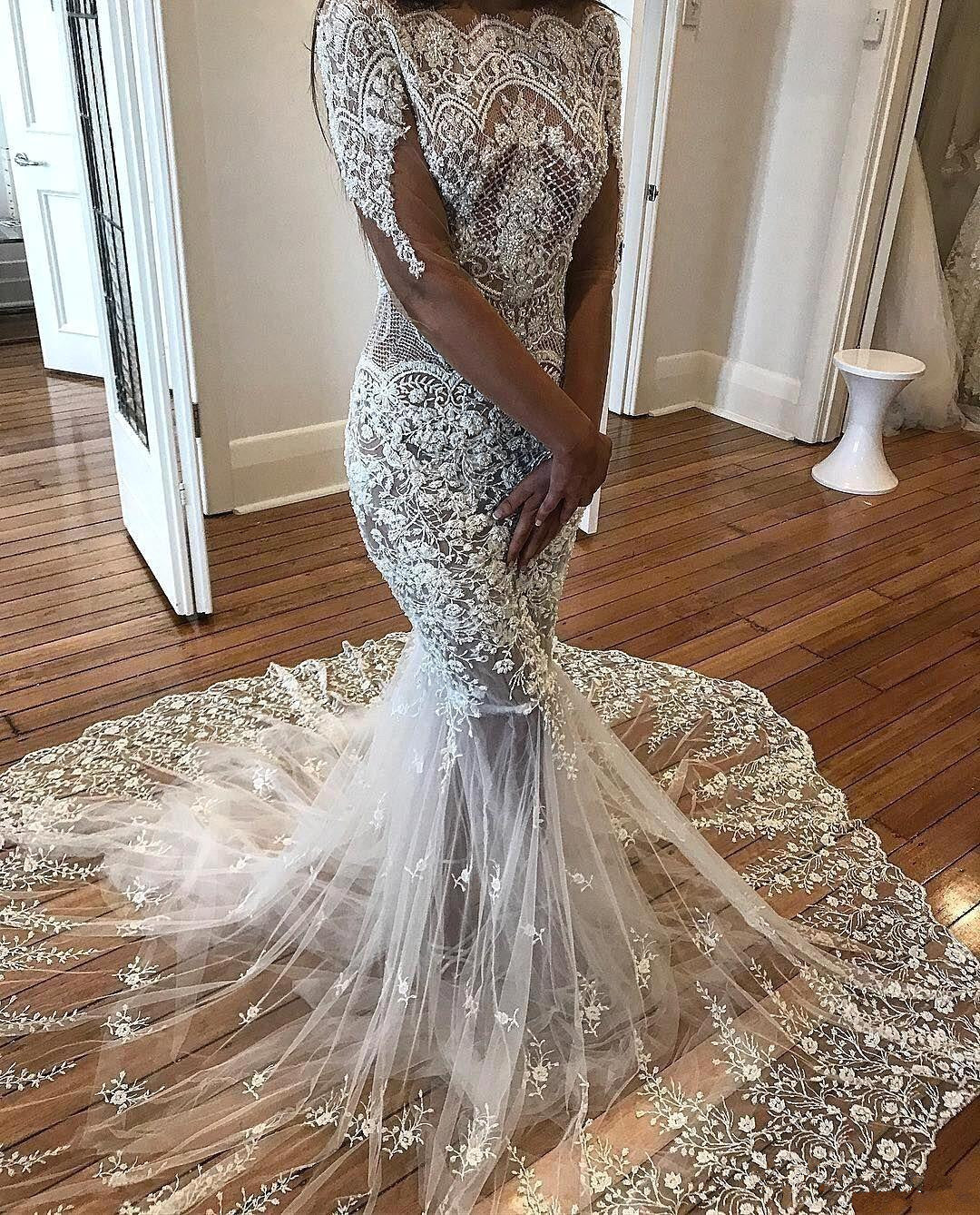 Sexy Mermaid Long Sleeve Lace Wedding Dress Sexy | Flowers See Through Tulle Bride Dress | Suzhoufashion Sexy Mermaid Long Sleeve Lace Wedding Dress Sexy | Flowers See Through Tulle Bride Dress | Suzhoufashion