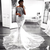 Sexy Mermaid Long Sleeve Lace Wedding Dress Sexy | Flowers See Through Tulle Bride Dress