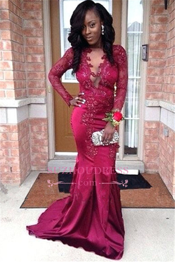 Sexy Mermaid Long Sleeves Prom Dresses | Lace Appliques Sweep Train Prom Gown