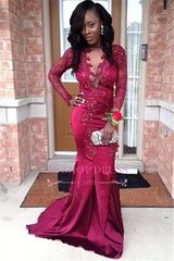Sexy Mermaid Long Sleeves Prom Dresses | Lace Appliques Sweep Train Prom Gown