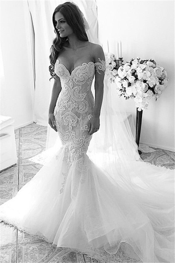 Sexy Mermaid Off Shoulder Long Wedding Dress White Court Train Formal Bridal Gowns