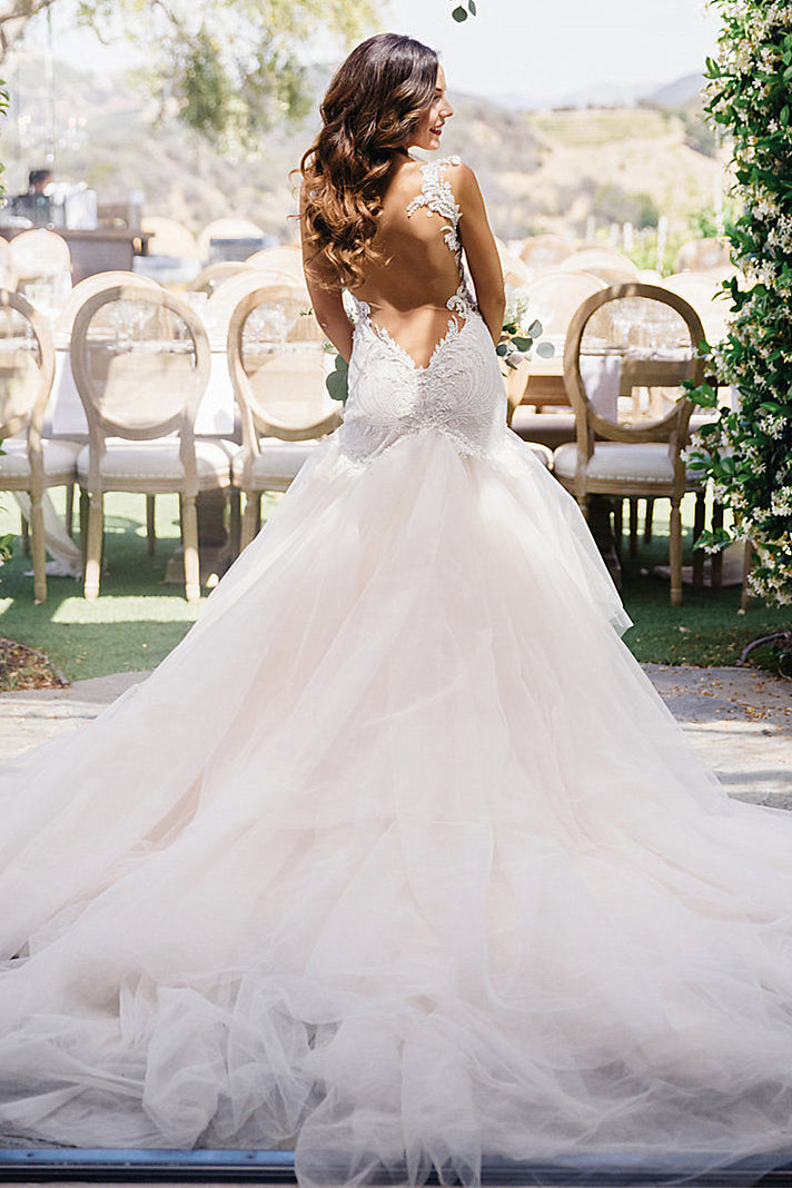 strapless open back dress Sexy Mermaid Open Back Wedding Dresses New Lace Bridal Gown with Long Train
