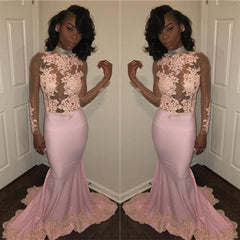 Sexy Mermaid Pink High Neck Prom Dresses Long Sleeves Appliques Evening Gowns with Beadings SK0111