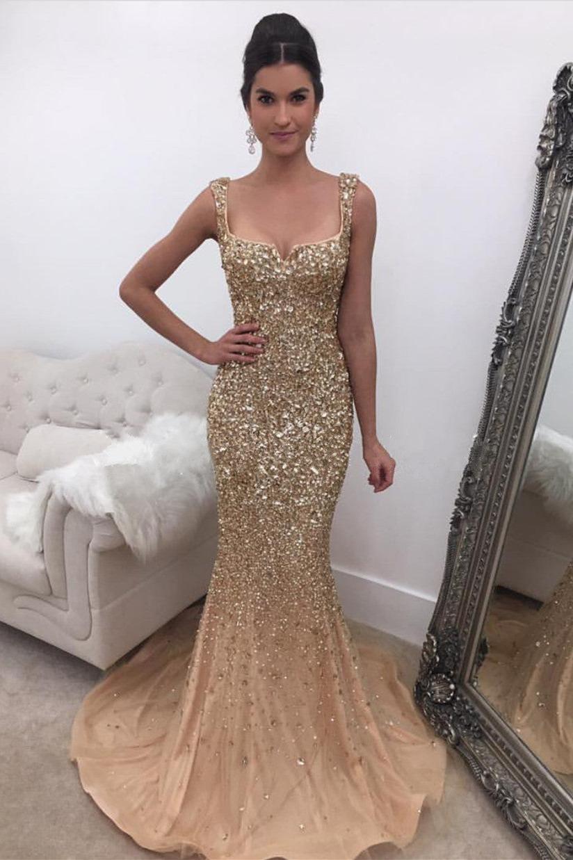 Sexy Mermaid Shiny Crystals Sequins Evening Dresses Sleeveless Gorgeous Prom Dress