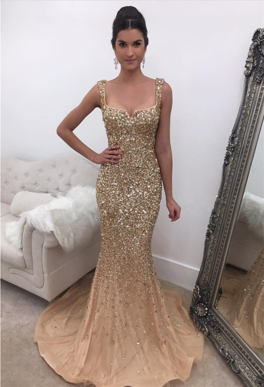 Sexy Mermaid Shiny Crystals Sequins Evening Dresses Sleeveless Gorgeous Prom Dress