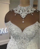 Sexy Mermaid Short Sleeves Bridal Gowns | Elegant Crystal High Neck Wedding Dresses