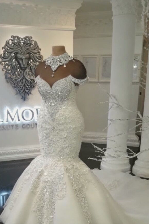Sexy Mermaid Short Sleeves Bridal Gowns | Elegant Crystal High Neck Wedding Dresses