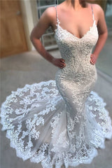 Sexy Mermaid Spaghetti Straps Lace Wedding Dresses | Online Bridal Gowns