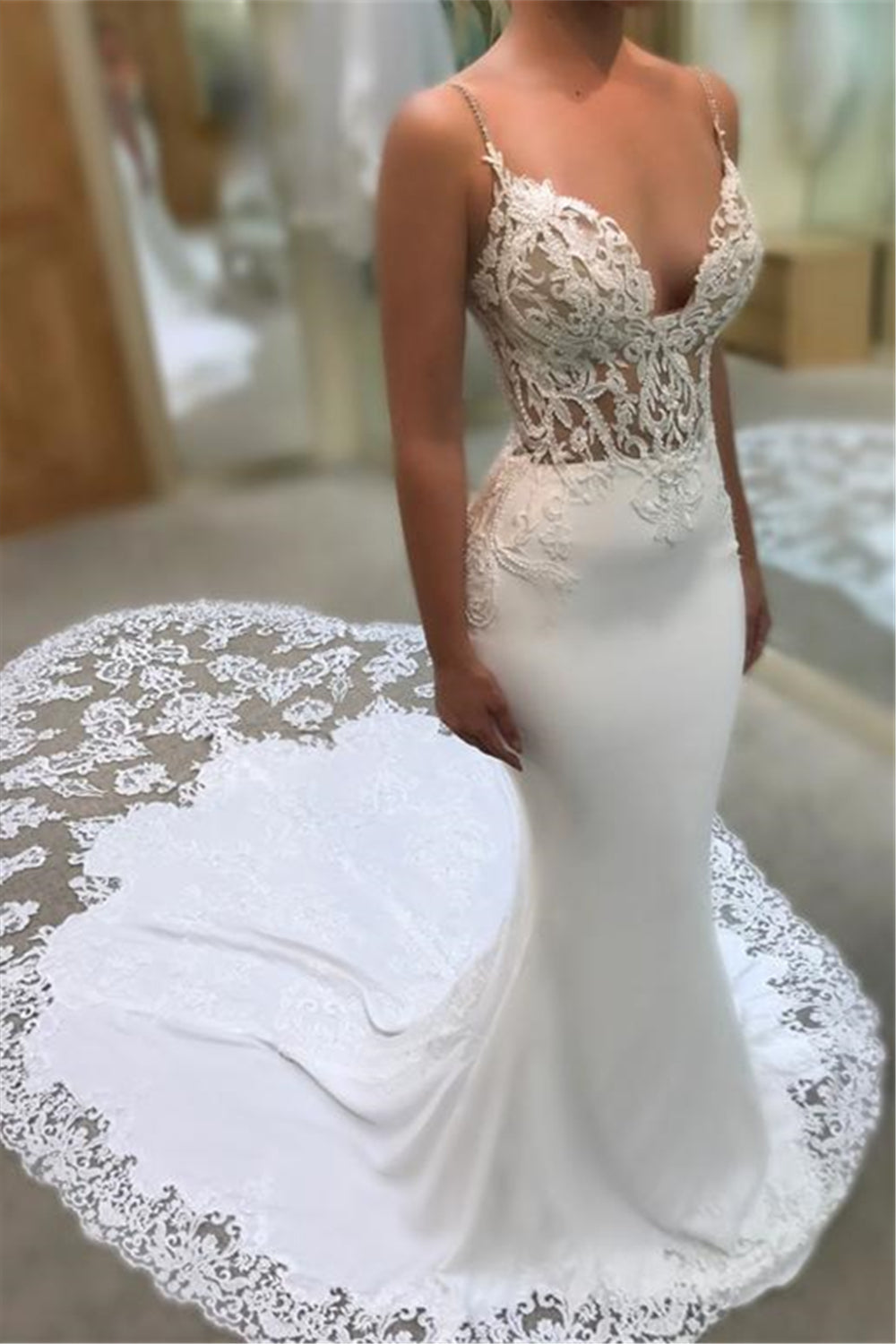 Sexy Mermaid Spaghetti Straps Wedding Dresses | Lace Open Back Bridal Gowns EN0025