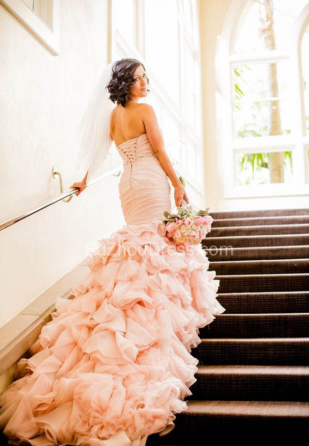 fitted lace wedding dress Sexy Mermaid Sweetheart Wedding Dresses Pink Crystal Lace-Up Lovely Ruffles Bridal Gowns