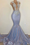 Sexy Mermaid Tulle Lace Sleeveless Prom Dress with Sequins On Sale