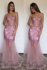 Sexy Mermaid Tulle Sweetheart Prom Dress Sparkly Beading Long Evening Gown