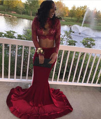 Sexy Mermaid Two Pieces Prom Dresses Long Sleeves High Neck Evening Gowns SK0097