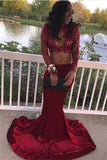 Sexy Mermaid Two Pieces Prom Dresses Long Sleeves High Neck Evening Gowns SK0097