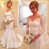 Sexy Mermaid V-Neck 3/4 Long Sleeve Wedding Dress White Lace Plus Size Bridal Gowns BA7484