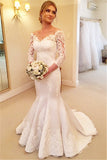 Sexy Mermaid V-Neck 3/4 Long Sleeve Wedding Dress White Lace Plus Size Bridal Gowns BA7484