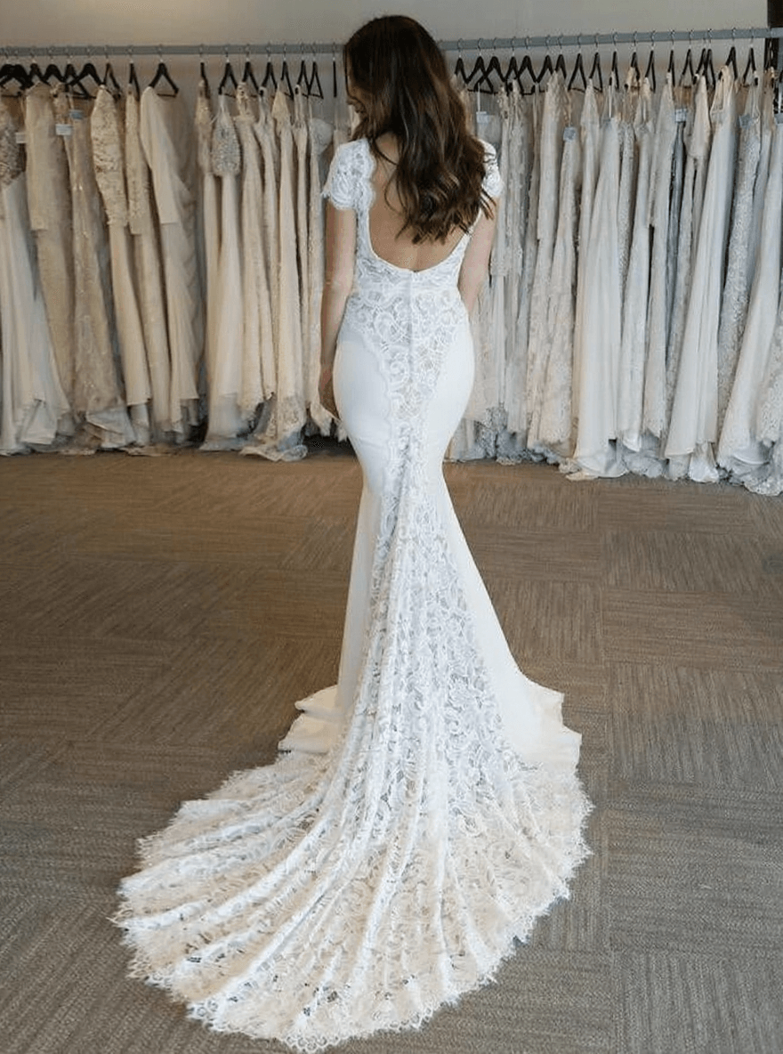 Sexy Mermaid V-Neck Beach Wedding Dresses Open Back Short Sleeves Bridal Gowns
